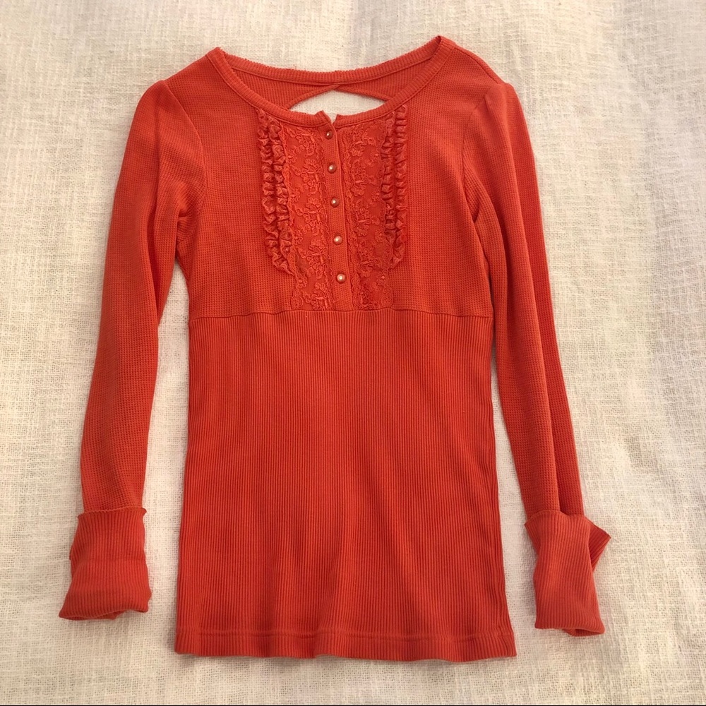 Free People Orange Henley Top with Lace Detail